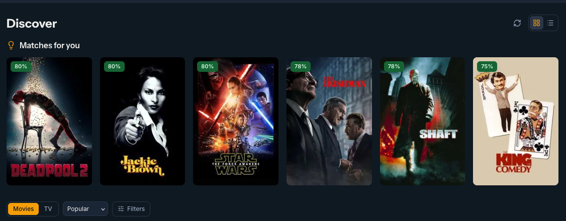 sjow.tv Discover page showing personalized movie recommendations